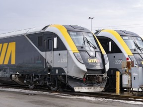 The high-frequency-rail project between Toronto and Quebec City is creating big questions around the future of Via Rail. New passenger trains sit on the tracks at the Via Rail Canada Maintenance Centre in Montreal, Thursday, Feb. 22, 2024.