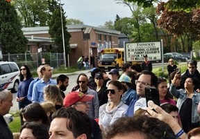 Hundreds of community members gathered to walk Eitan Cohen, 13, to his school – Faywood Arts-Based Curriculum School – in North York to ensure the Jewish boy didn't get bullied on Friday, May 17, 2024.