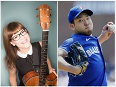 Lisa Loeb (left) and Blue Jays starter Yusei Kikuchi.