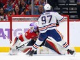 Connor McDavid of the Edmonton Oilers scores against Sergei Bobrovsky of the Florida Panthers on a penalty shot.