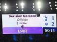 A screen displays the 'No Goal' decision following a VAR review during the English Premier League football match between Tottenham Hotspur and Chelsea.
