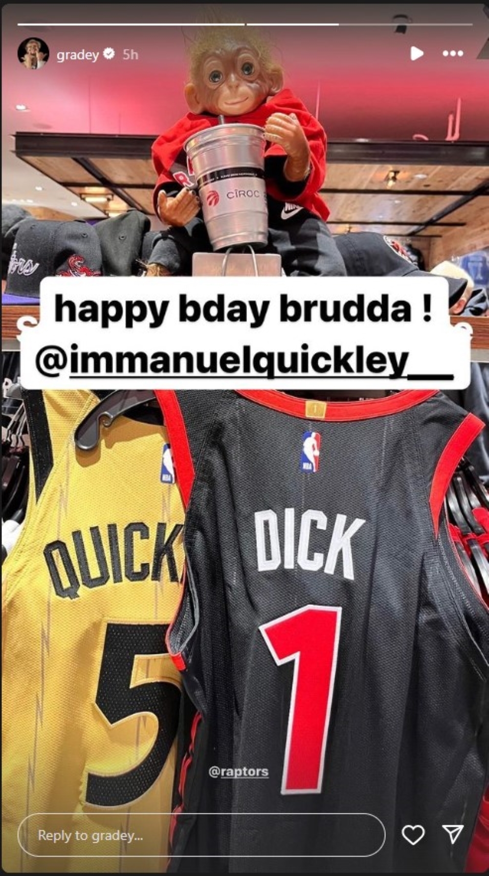 Raptors' Gradey Dick wished Immanuel Quickley a happy birthday on social media.