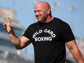 UFC president Dana White walks on stage during pre-race ceremonies prior to the NASCAR Cup Series South Point 400.