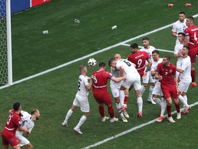 Luka Jovic of Serbia scores during the UEFA EURO 2024 group stage match between Slovenia and Serbia.