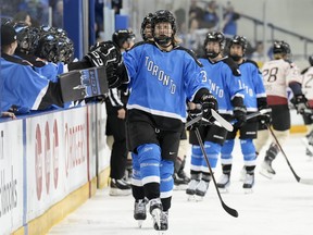 PWHL Toronto's Hannah Miller celebrates after scoring her team's opening goal against Montreal.