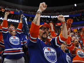 Edmonton Oilers fans cheers after a Florida Panthers goal is overturned during Game 6 of the 2024 Stanley Cup final.