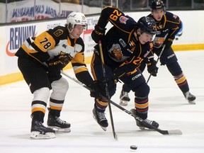 Brantford Bulldogs' Market Vanacker, left, ties up Barrie Colts' Cole Beaudoin.