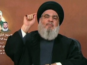 Hezbollah chief Hassan Nasrallah gives a televised address.