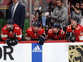 The Florida Panthers watch the dying seconds of a 5-3 loss to the Edmonton Oilers in Game 5 of the 2024 Stanley Cup Final at Amerant Bank Arena on Tuesday, June 18, 2024, in Sunrise, Fla.