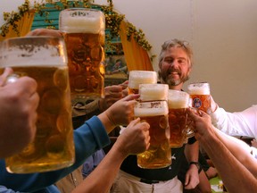 In German beer halls and beer gardens, drinks are served in huge liter glasses (called "ein Mass"). Men's rooms often come with vomitoriums. (photo: Dominic Bonuccelli)
