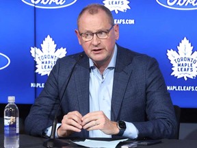 Toronto Maple Leafs General Manager Brad Treliving speaks about the hiring of Craig Berube as their new head coach for the upcoming season in Toronto on May 21, 2024.