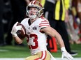 Christian McCaffrey of the San Francisco 49ers runs the ball for a touchdown in the second quarter against the Kansas City Chiefs during Super Bowl LVIII at Allegiant Stadium on Feb. 11, 2024 in Las Vegas.
