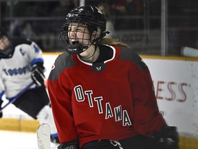 Ottawa's Daryl Watts celebrates a goal against PWHL Toronto in March. Now she is a member of the Toronto squad after signing there. THE CANADIAN PRESS