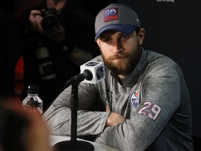 Edmonton Oilers' Leon Draisaitl speaks to the media during Media Day prior to the 2024 Stanley Cup Final at Amerant Bank Arena on June 7, 2024 in Sunrise, Fla.
