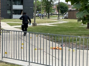Toronto Police at the scene of a fatal shooting on Falstaff Ave. on Tuesday , June 25, 2026.