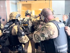 SWAT team police officers seen from the back