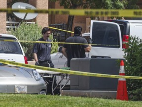 North Las Vegas Police investigate the scene of Monday night's shooting at an apartment complex in North Las Vegas, Tuesday, June 25, 2024.