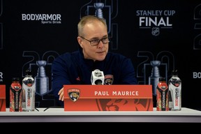 Panthers head coach Paul Maurice regales the media on Friday before the Stanley Cup final. GETTY IMAGES