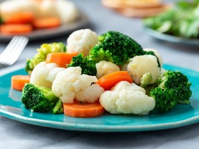 Steamed broccoli, cauliflower and carrots.