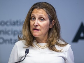 Chrystia Freeland addresses the media.