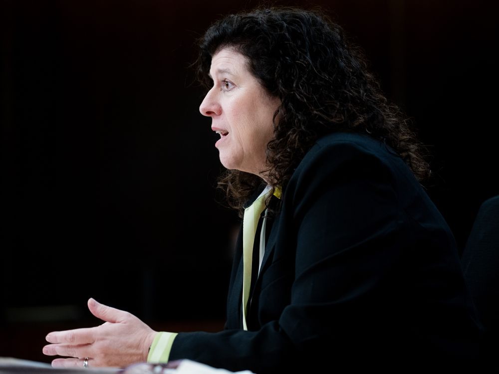 Auditor General of Canada Karen Hogan speaks during a press conference at the National Press Theatre in Ottawa, on Tuesday, March 19, 2024.