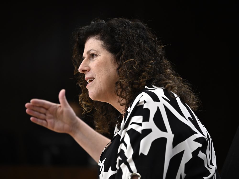 Auditor General of Canada Karen Hogan holds a news conference after delivering 5 performance audit reports to the House of Commons, at the National Press Theatre in Ottawa, on Thursday, Oct. 19, 2023.