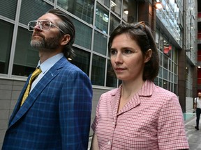 Amanda Knox arrives with her husband Christopher Robinson at the courthouse in Florence, on June 5, 2024 before a hearing in a slander case, related to her jailing and later acquittal for the murder of her British roommate in 2007.