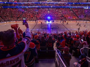 Edmonton fans welcome the Oilers to the ice prior to game 4 against the Florida Panthers for the NHL Stanley Cup final on Saturday, June 15, 2024 in Edmonton.