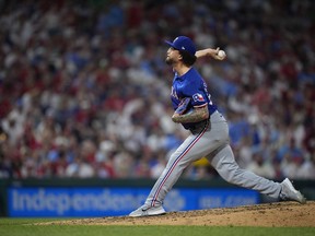 Texas Rangers' Yerry Rodriguez plays during a baseball game, Wednesday, May 22, 2024, in Philadelphia. The Toronto Blue Jays acquired right-handed pitcher Rodríguez from the Rangers for righty Josh Mollerus in a trade Sunday.