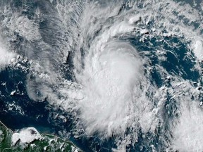 This National Oceanic and Atmospheric Administration (NOAA)/GOES satellite handout image shows Tropical Storm Beryl at 19:30UTC on June 29, 2024.