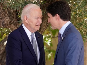 U.S. President Joe Biden greets Canadian Prime Minister Justin Trudeau