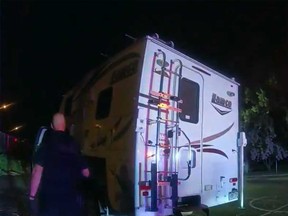 A stolen camper van is pictured in a screengrab of a video released by Boulder Police.