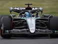 Mercedes driver George Russell of Great Britain drives through the Senna corner during qualifying at the Formula One Canadian Grand Prix in Montreal, Saturday, June 8, 2024.