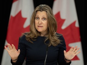 Deputy Prime Minister and Minister of Finance Chrystia Freeland responds to a question from a reporter during a news conference, Tuesday, June 11, 2024 in Ottawa.