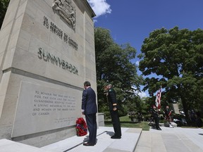 Sunnybrook hospital and its veterans commemorated the 80th anniversary of the D-Day invasion and re-dedicated their recently renovated Cenotaph. (Pictured) Brig.-Gen. Josh Major, Commander, 4th Canadian Division and Joint Task Force Central, lays a wreath on Thursday June 6, 2024.