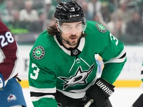 Chris Tanev of the Dallas Stars skates with the puck against Colorado Avalanche during the first period in Game 1 of the Second Round of the 2024 Stanley Cup Playoffs at American Airlines Center on May 7, 2024 in Dallas, Texas.