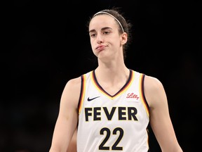 Caitlin Clark of the Indiana Fever reacts in the first quarter against the New York Liberty at Barclays Center on June 02, 2024 in Brooklyn.