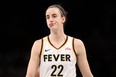 Caitlin Clark of the Indiana Fever reacts in the first quarter against the New York Liberty at Barclays Center on June 02, 2024 in Brooklyn.