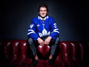 Ben Danford poses for a portrait after being drafted by the Toronto Maple Leafs with the 31st overall pick during the 2024 Upper Deck NHL Draft at Sphere on June 28, 2024 in Las Vegas, Nevada.