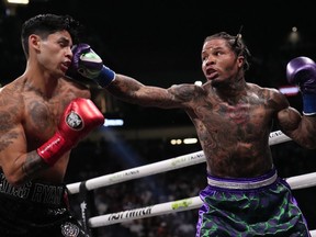 FILE - Gervonta Davis hits Ryan Garcia during a lightweight boxing bout Saturday, April 22, 2023, in Las Vegas. The last time Gervonta Davis was seen in the ring, he had just dismantled Ryan Garcia with a seventh-round knockout. That was more than a year ago. Davis returns Saturday, June 15, 2024, to take on fellow undefeated fighter Frank Martin for the WBA lightweight championship.
