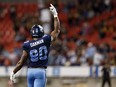 The Toronto Argonauts released defensive linemen Shawn Oakman and Benoit Marion on Tuesday. Oakman (90) pumps up the crowd in the second half of their CFL football game against the Hamilton Tiger-Cats in Toronto, Friday, Sept. 10, 2021.