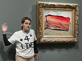 This photo provided by Riposte Alimentaire shows an environmental activist posing by 'Poppy Field'' by Claude Monet at the Orsay museum, Saturday, June 1, 2024 in Paris.