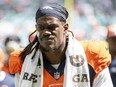 FILE - Denver Broncos linebacker Randy Gregory (5) walks off the field at the the end of the first half of an NFL football game against the Miami Dolphins, Sunday, Sept. 24, 2023, in Miami Gardens, Fla.