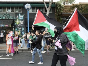 Attendees with Palestinian flags are seen at the 2024 WeHo Pride Parade