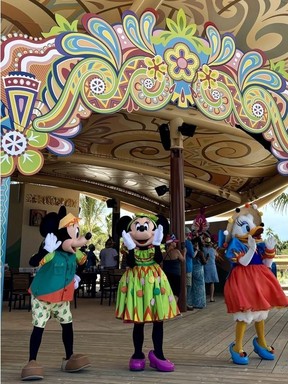 Junkanoo time with Mickey, Minnie and Daisy in their specially designed outfits at Disney Lookout Cay at Lighthouse Point.