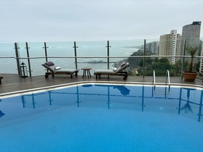 The infinity rooftop pool at Miraflores Park in Lima has views of the Pacific Ocean and coastline.