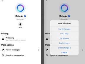 Two screenshots taken from a smartphone on Thursday, May 30, 2024, show the steps needed to mute the "Ask Meta AI anything" chatbot on the Facebook and Instagram apps.