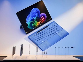 A Microsoft Surface Pro is displayed in an exploded view following a showcase event of the company's AI assistant Copilot ahead of the annual Build developer conference at Microsoft headquarters, Monday, May 20, 2024, in Redmond, Wash.