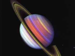 Three Voyager 2 images, taken through ultraviolet, violet and green filters, were combined to make this photograph.