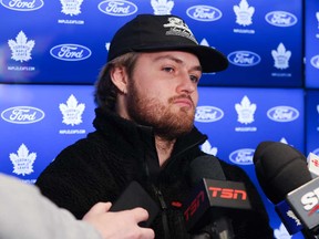 Toronto Maple Leafs William Nylander speaks to the media at the Ford Performance Centre on locker cleanup day. in Toronto on Monday May 6, 2024.